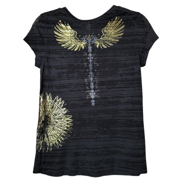Express Womens Black Gold Y2K 2000s Burnout Abstract Script Graphic Top Small - Picture 4 of 10